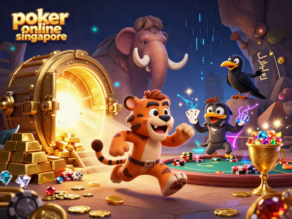 Experience poker online Singapore with a dynamic prehistoric casino scene featuring cartoon characters in action.