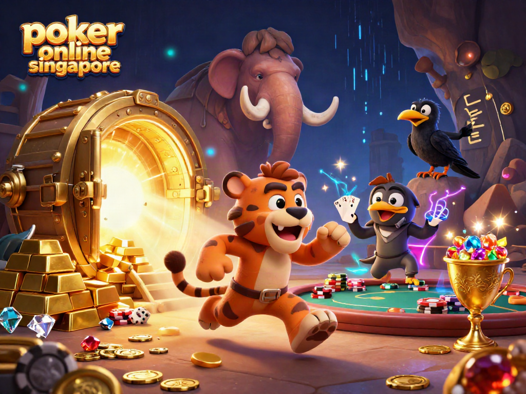 Experience poker online Singapore with a dynamic prehistoric casino scene featuring cartoon characters in action.