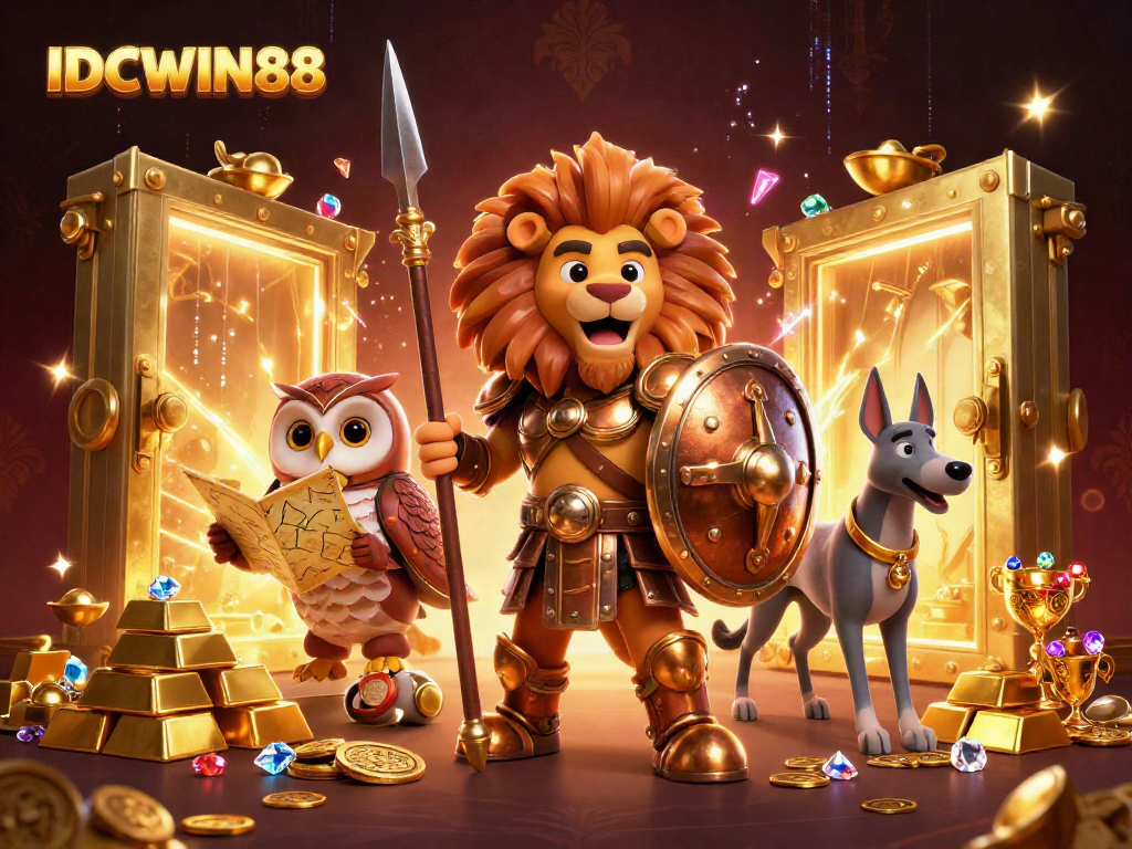 Experience excitement with IDCWIN88, where a Spartan lion and wise owl reveal treasures in a fantasy casino.