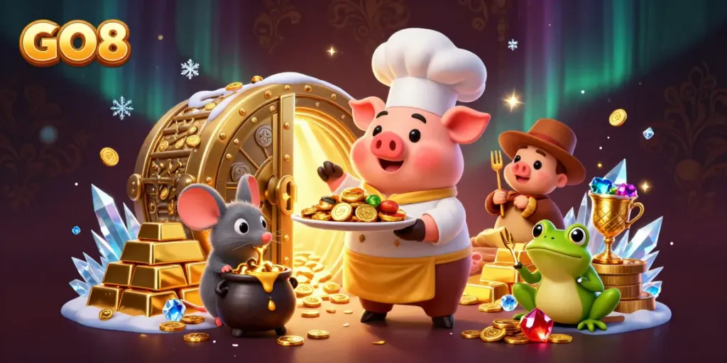 GO8 offers thrilling gold-filled rewards in this animated casino scene featuring a chef pig.
