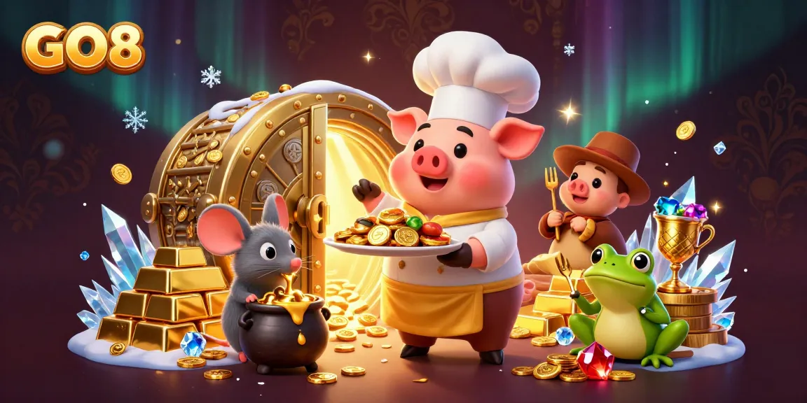 GO8 offers thrilling gold-filled rewards in this animated casino scene featuring a chef pig.