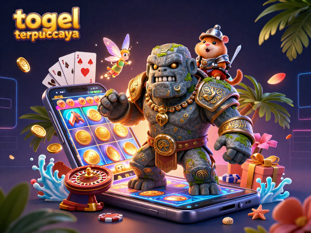 Experience thrilling wins at togel terpercaya with this vibrant 3D gambling scene filled with slot games and magical characters.