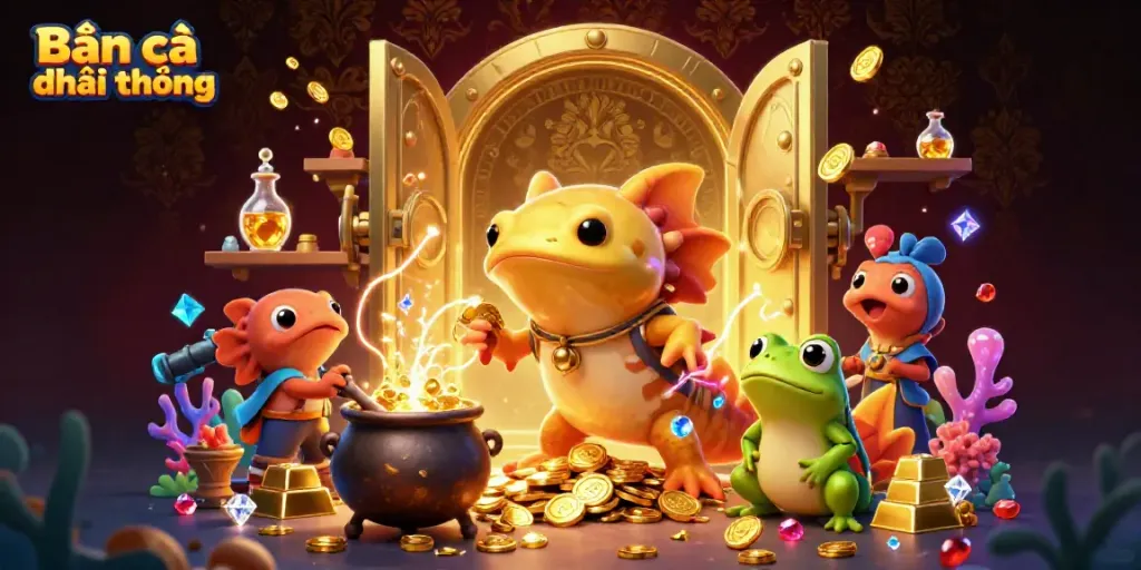 Engage in Bắn cá đổi thưởng with a dynamic underwater scene featuring colorful elements and characters.
