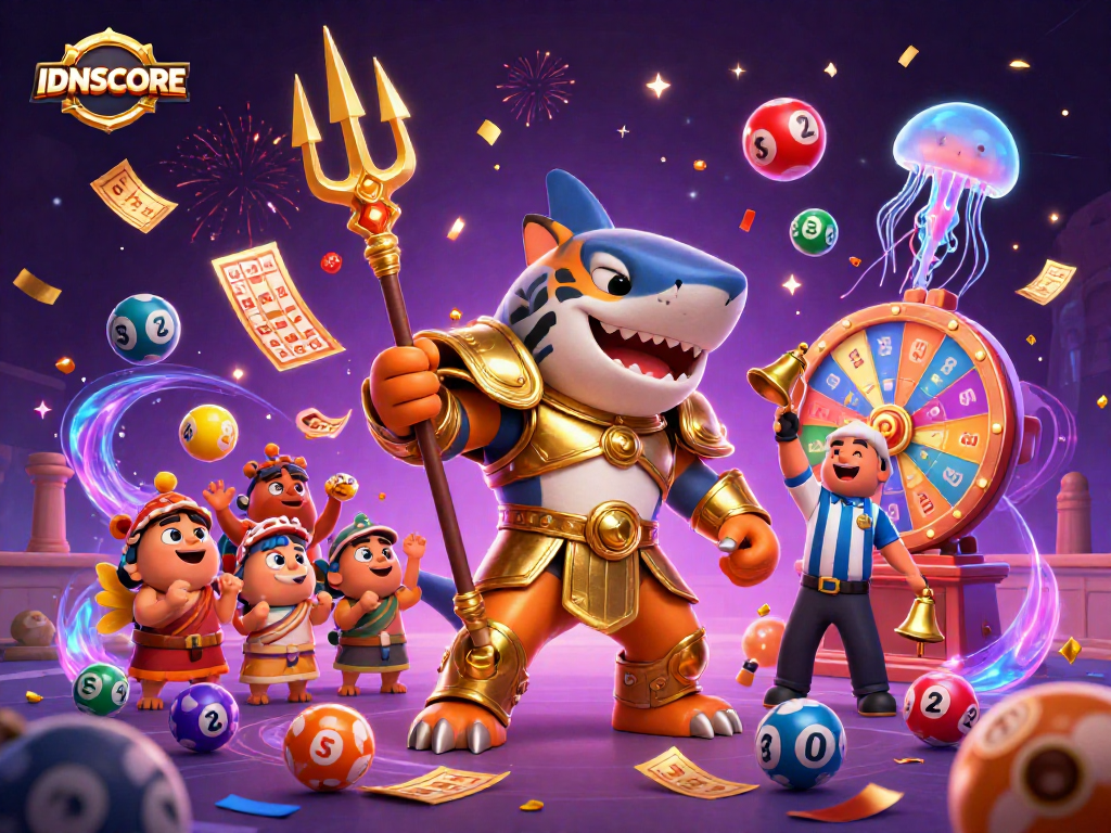 IDNSCORE showcases a thrilling lottery scene with vibrant dynamics and immersive characters in action.