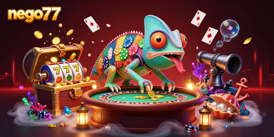 Join the action with nego77 while the chameleon casino owner captures golden coins amidst a vibrant slot scene.
