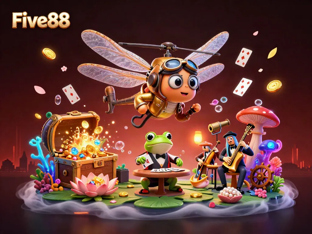 Experience the vibrant world of Five88 with a dragonfly pilot and frog croupier at an animated casino scene.