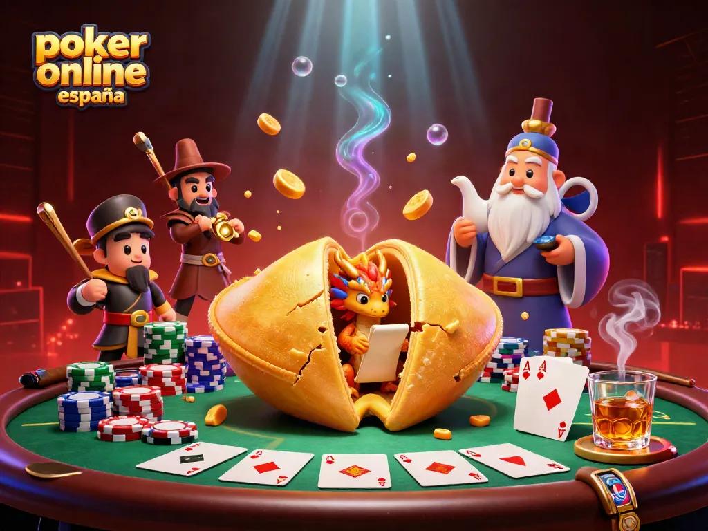 Juega al poker online España con un dragón sabio y guerreros de palillos en un ambiente dinámico.