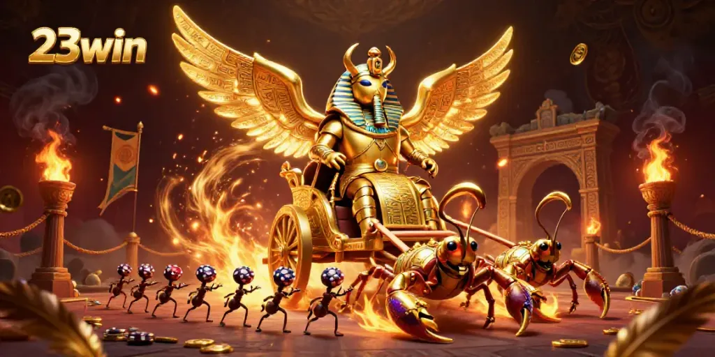 Experience thrilling wins at 23win with a golden scarab beetle in a dramatic 3D casino scene.