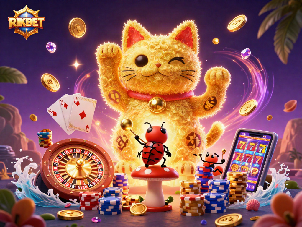 Experience the vibrant RIKBET casino atmosphere with a lucky cat and casino symbols.
