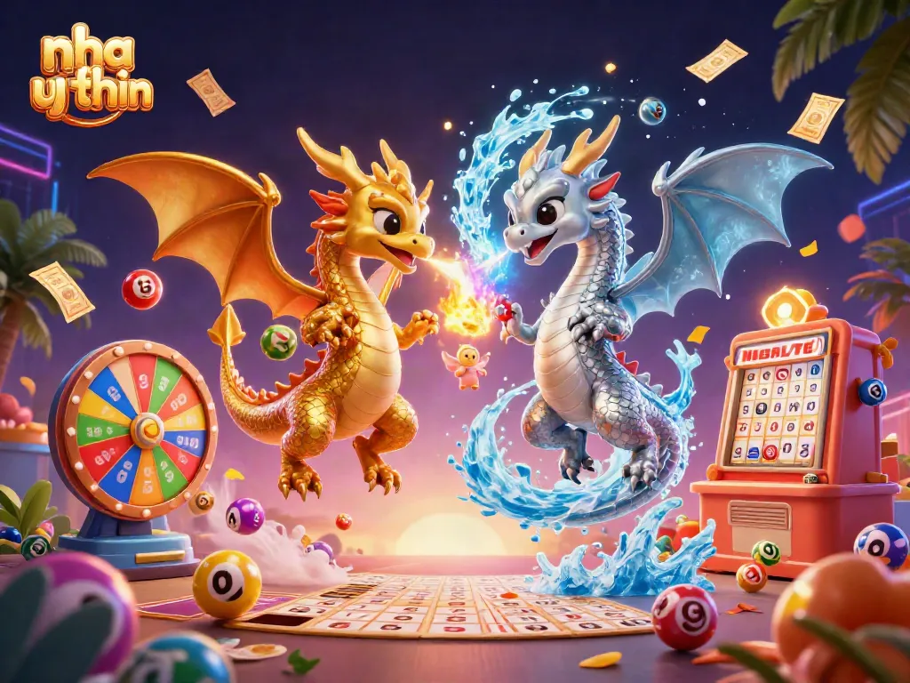 Experience the thrill of nha cai uy tin with colorful lottery elements and twin dragons adding excitement.