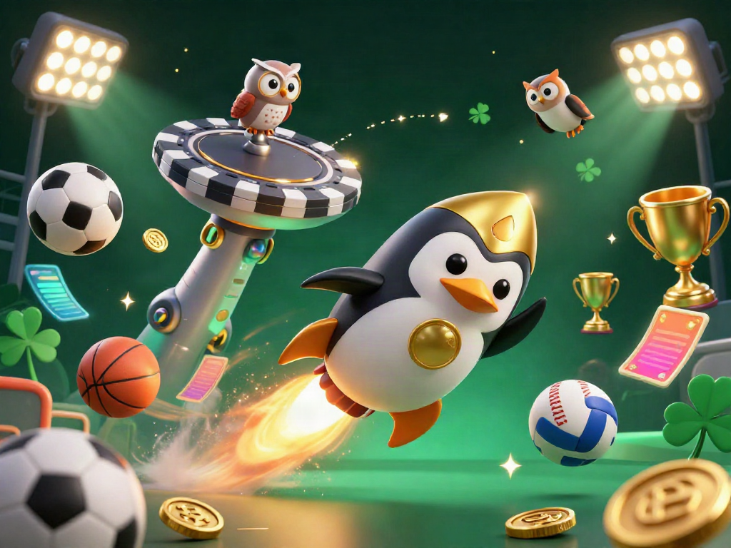 Experience the thrill of gaming at LGODEWA with a vibrant 3D scene of a rocket-powered penguin and casino elements.