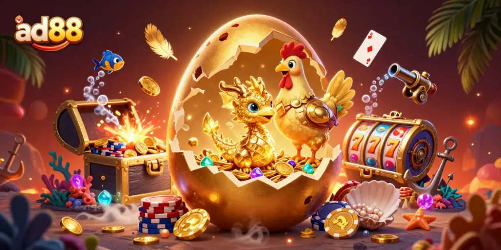Engage in thrilling casino action at ad88 with a golden dragon guarding poker chips amidst vibrant game elements.