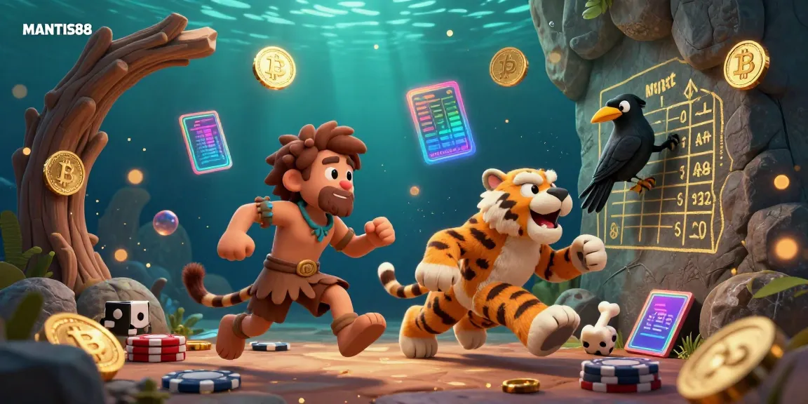 MANTIS88 showcases a prehistoric-themed casino scene with a cartoon caveman, sabertooth tiger, and clever crow, highlighting vibrant crypto elements.