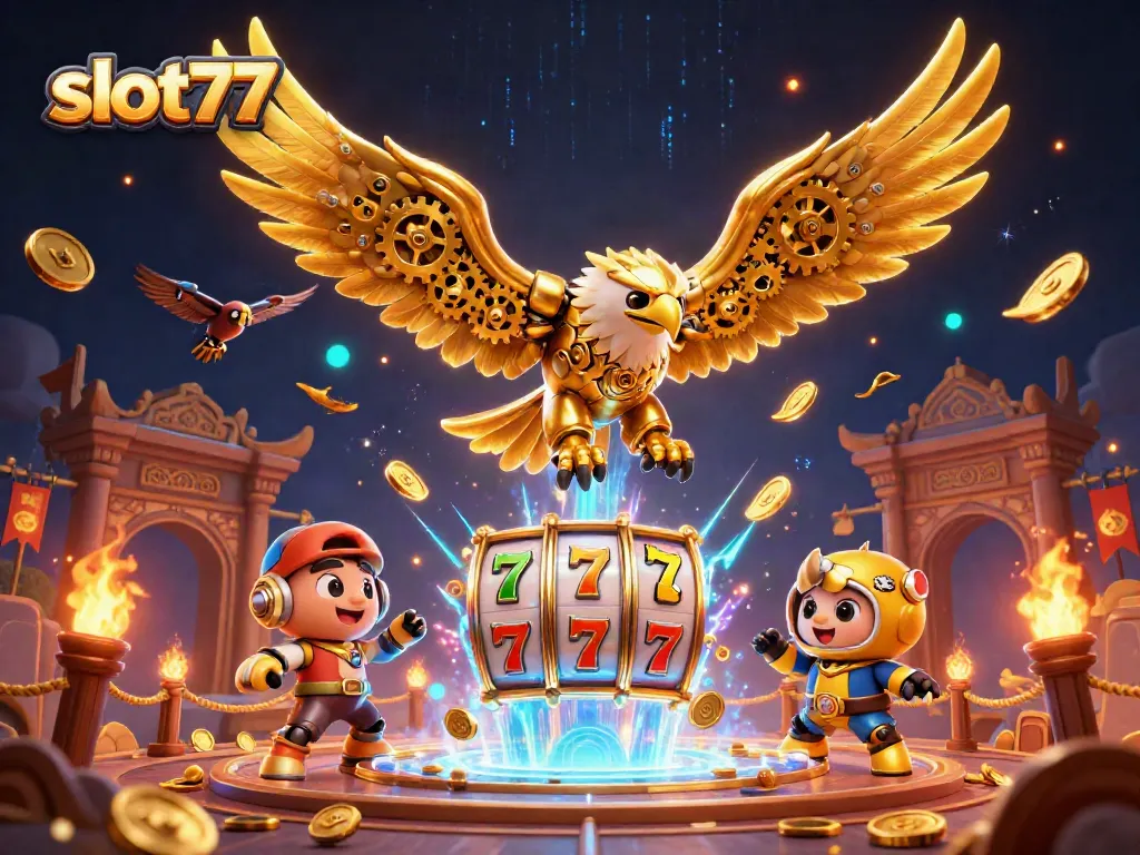 Menangkan slot777 dengan ilustrasi permainan mesin slot yang mengasyikkan dan elang emas sibernetik.