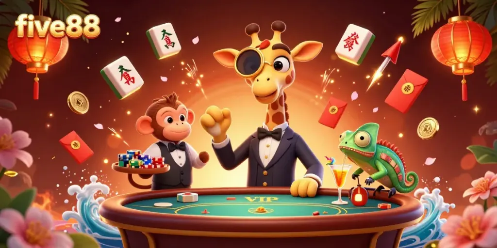 Experience the excitement of five88 with vibrant, dynamic illustrations featuring high-roller characters, chip trays, and cocktails.