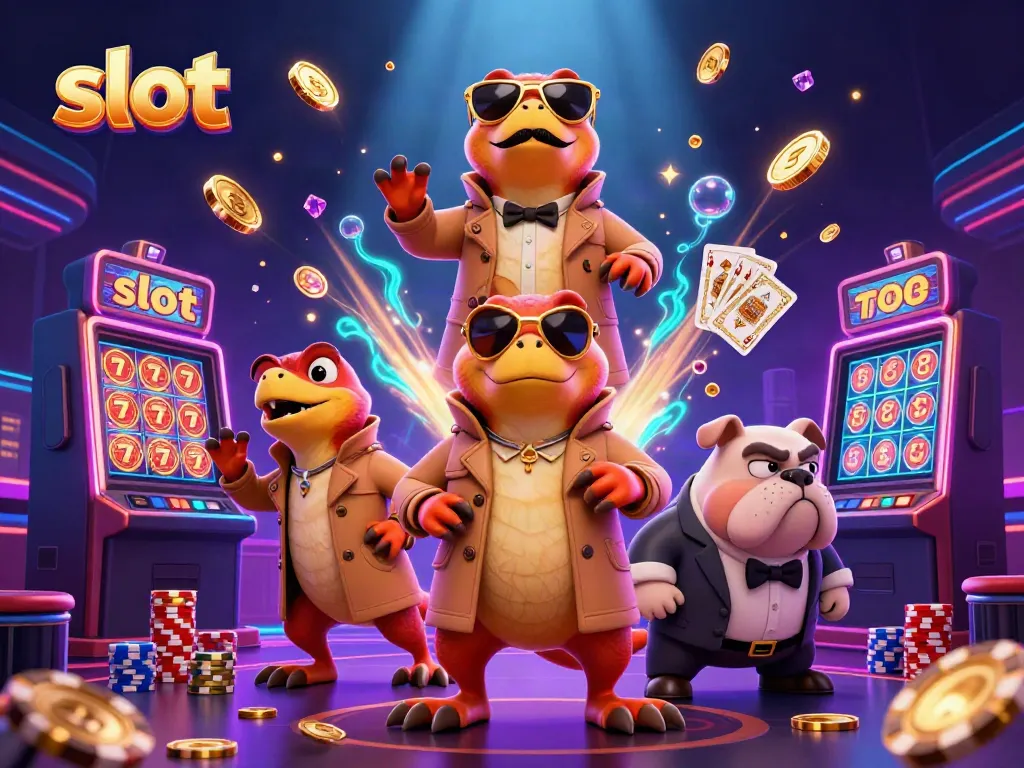 Enjoy slot machine excitement with raptors in a trench coat entering a casino lounge, featuring gold coins and gems.