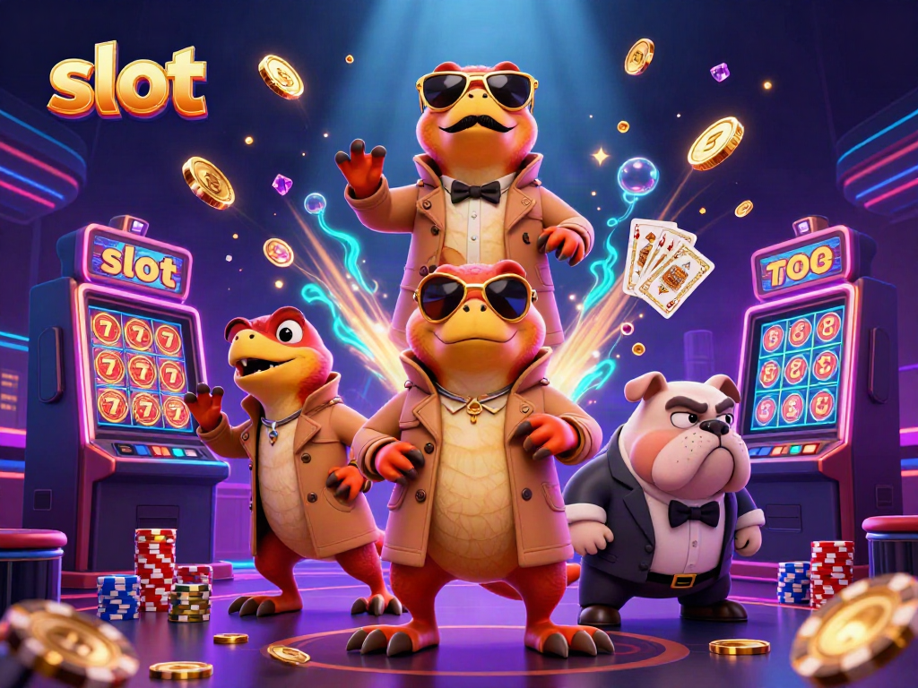 Enjoy slot machine excitement with raptors in a trench coat entering a casino lounge, featuring gold coins and gems.