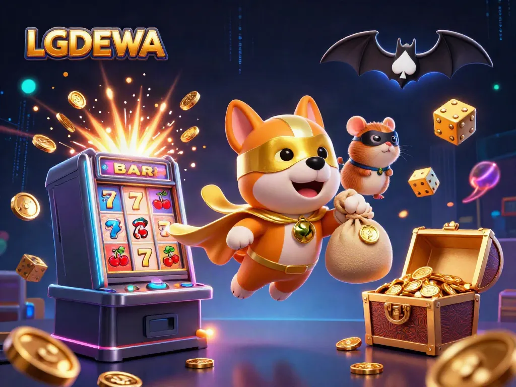Experience thrilling gaming with LGODEWA's vibrant casino elements in a dynamic illustration.
