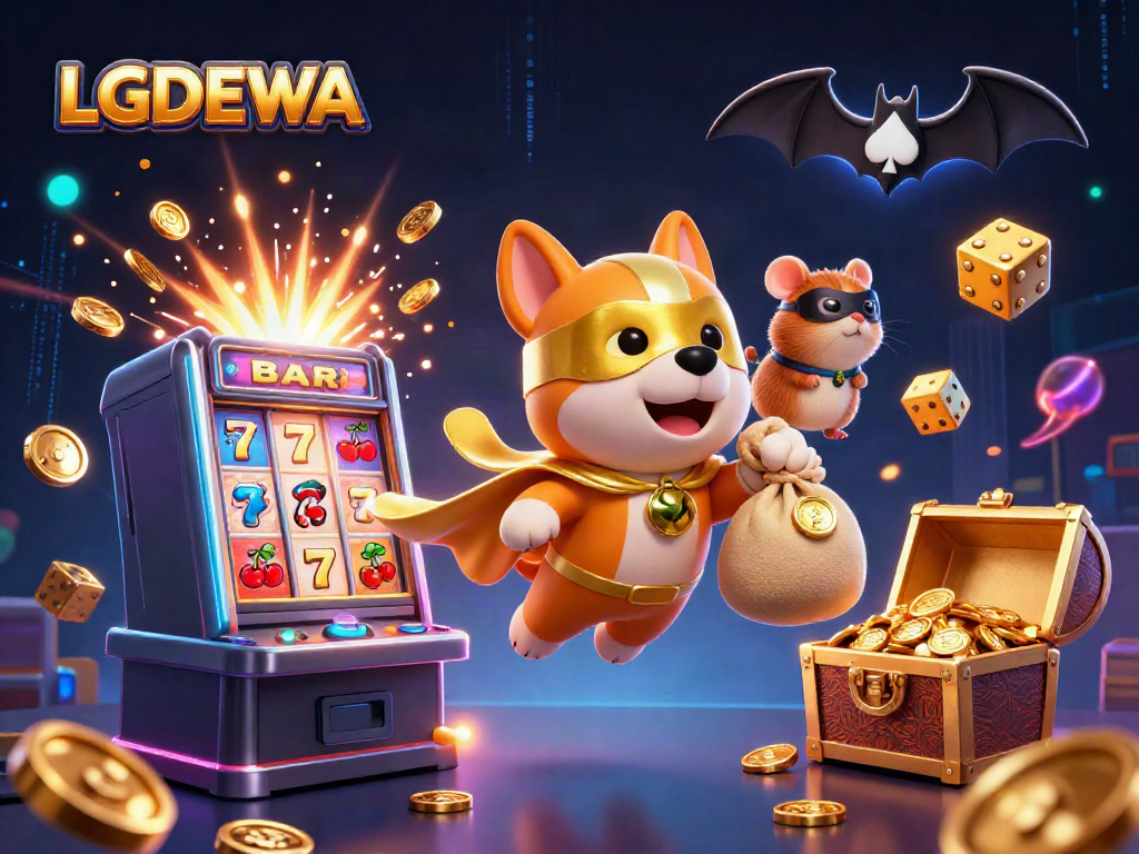 Experience thrilling gaming with LGODEWA's vibrant casino elements in a dynamic illustration.