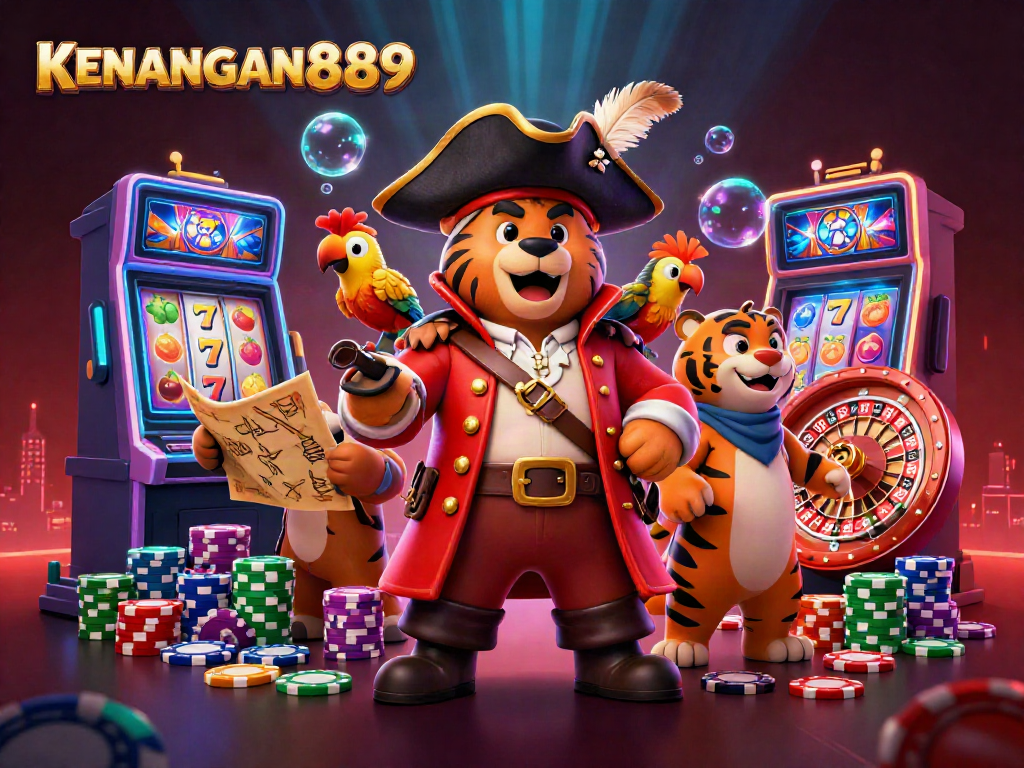 Engage in thrilling gameplay at KENANGAN889 with a lively casino scene featuring vibrant slot machines and colorful poker chips.
