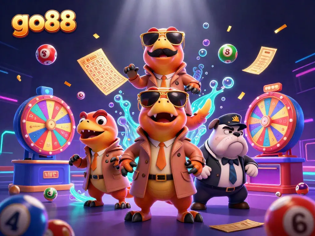 Engage with go88 as playful raptors in a trench coat charm a VIP casino audience.