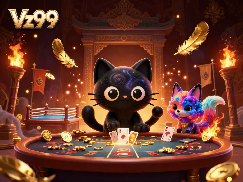 Engage with the cosmic gaming experience at Vz99, illustrated by the black hole cat pulling in golden chips and cards.