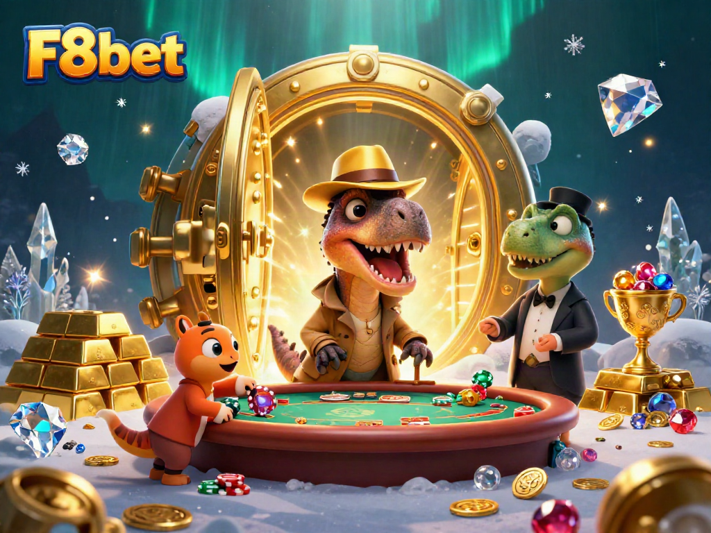 Experience thrilling gameplay at F8bet with a dynamic scene of cartoon dinosaurs at a blackjack table.