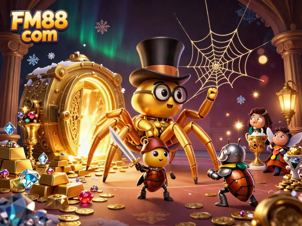 Engage in thrilling gameplay at FM88 com with a dynamic 3D casino scene featuring rich gold elements.