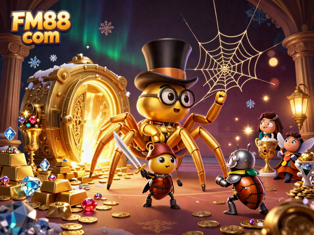 Engage in thrilling gameplay at FM88 com with a dynamic 3D casino scene featuring rich gold elements.