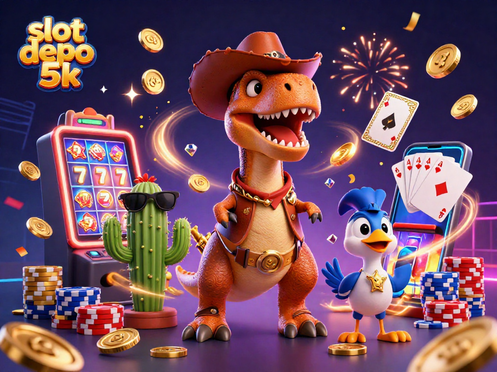 Spin the reels in a vibrant scene featuring slot depo 5k with a T-Rex cowboy and lucky symbols.