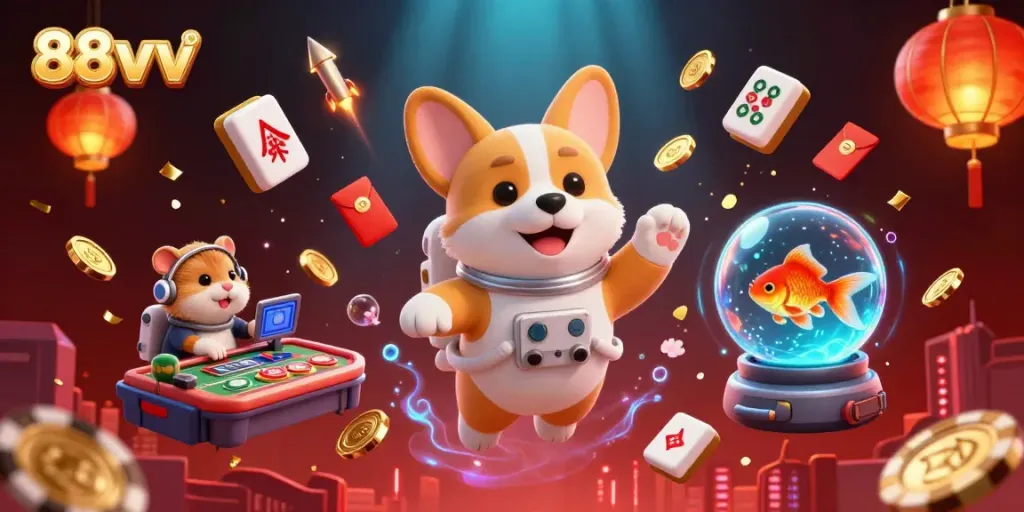 Experience thrilling gameplay at 88vvv with engaging visuals of a vibrant space casino filled with floating coins and playful characters.