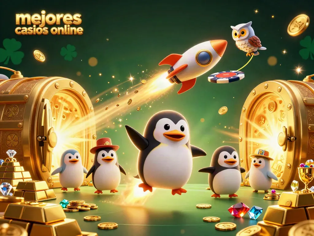 Descubre los mejores casinos online con un divertido pingüino dorado y tesoros brillantes.