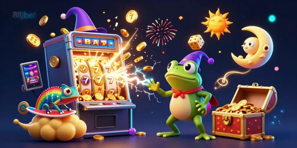 Experience the excitement of 88jbet with a magical 3D illustration featuring a frog wizard, coins, and a dynamic slot machine.