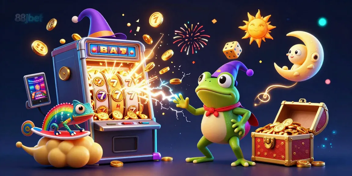 Experience the excitement of 88jbet with a magical 3D illustration featuring a frog wizard, coins, and a dynamic slot machine.