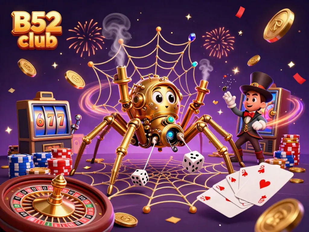 Engage with B52 club's thrilling casino web featuring golden spider and playful Victorian fly.