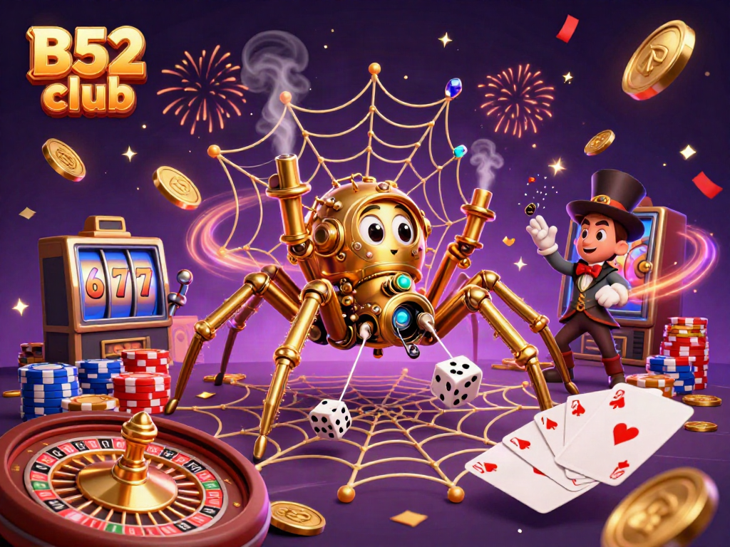 Engage with B52 club's thrilling casino web featuring golden spider and playful Victorian fly.