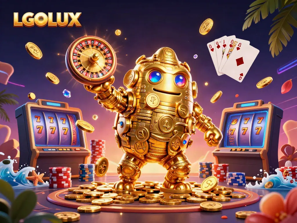 Experience the vibrant energy of LGOLUX with a golden golem and casino elements.