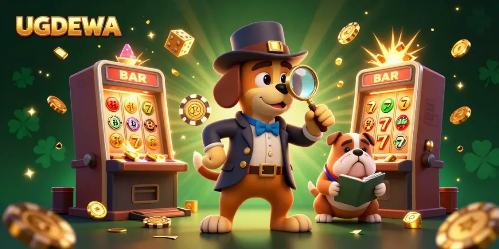 Engaging scene depicting UGDEWA as a detective examining a poker chip clue amidst dynamic casino elements.