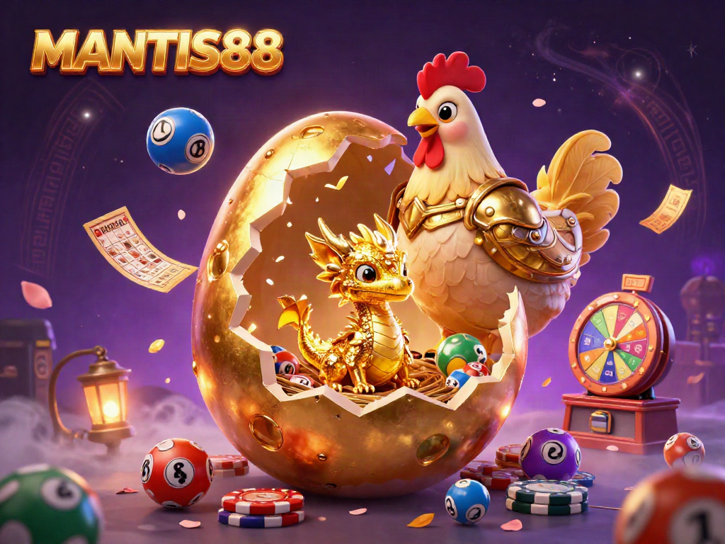 Experience thrilling gameplay with MANTIS88, showcasing a golden dragon on poker chips amidst vibrant lottery elements.