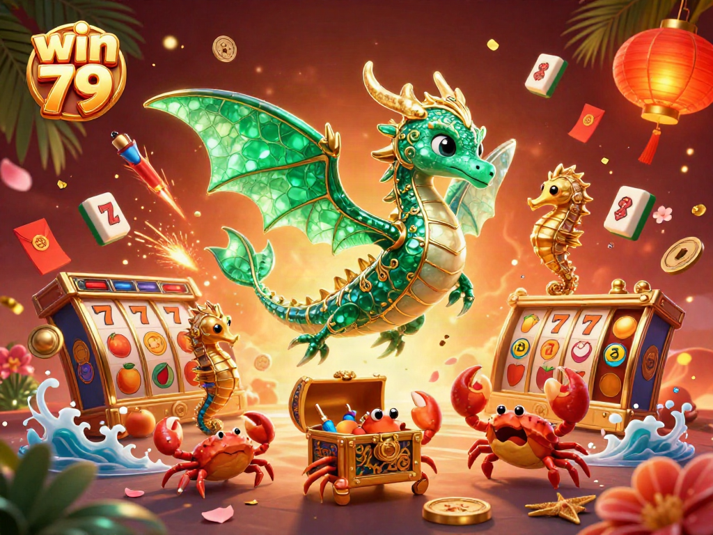 Engage with exciting gameplay in win 79, featuring a lively sea dragon and slot machine elements.