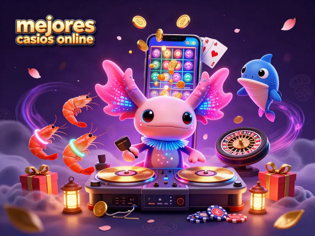 Ilustración 3D del axolote DJ y camareros de casino, mostrando los mejores casinos online.