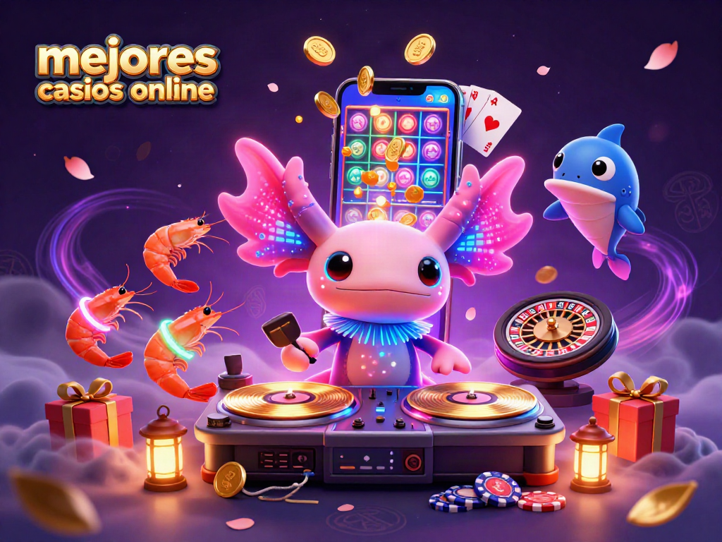 Ilustración 3D del axolote DJ y camareros de casino, mostrando los mejores casinos online.