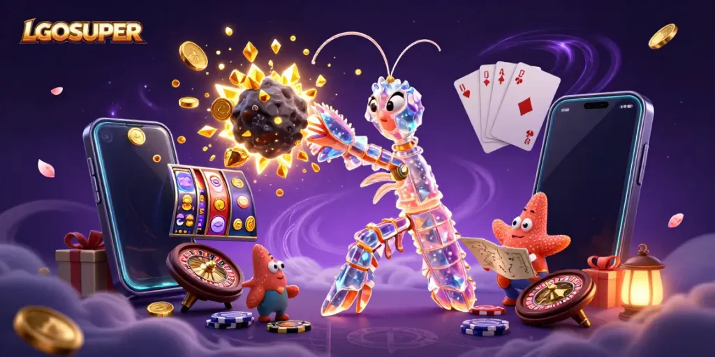 Experience thrilling gaming with LGOSUPER in a dynamic scene featuring galactic characters and slot game elements.