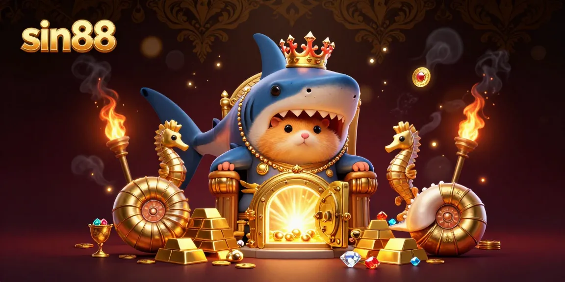 Engage with sin88's online casino experience featuring a golden hamster king amidst treasure in a vibrant illustration.
