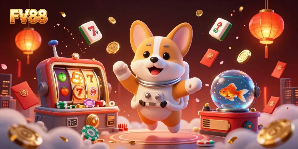 Experience exciting gaming at FV88 with a vibrant 3D casino atmosphere featuring playful characters.