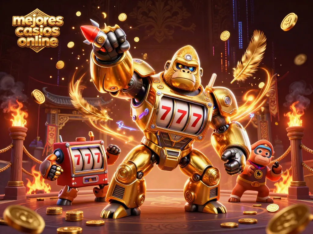 Mejores casinos online tienen un gorila mecánico en acción con monedas y dinámicas de juego.