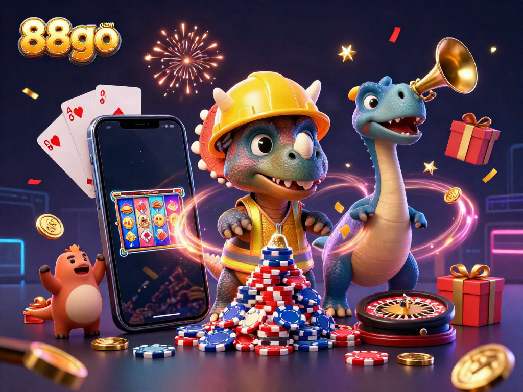 Build a vibrant pyramid of poker chips with 88go com characters in a dynamic casino setting, celebrating with confetti.