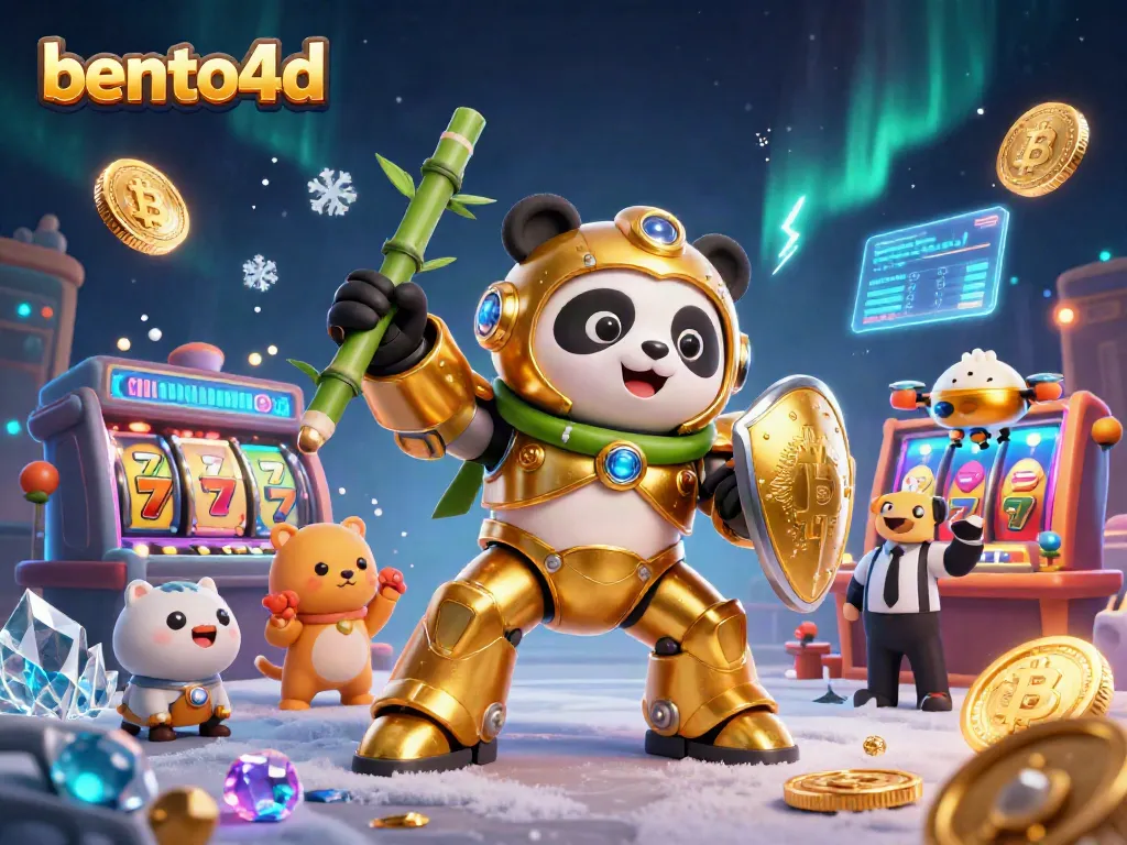 Engage with bento4d in a vibrant, action-packed casino setting with colorful slot reels and cryptocurrency elements.