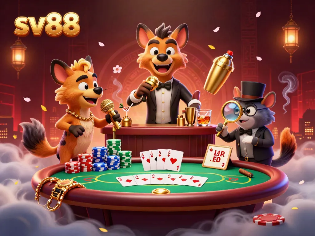 Experience sv88's vibrant casino atmosphere featuring lively hyenas and rich game elements.
