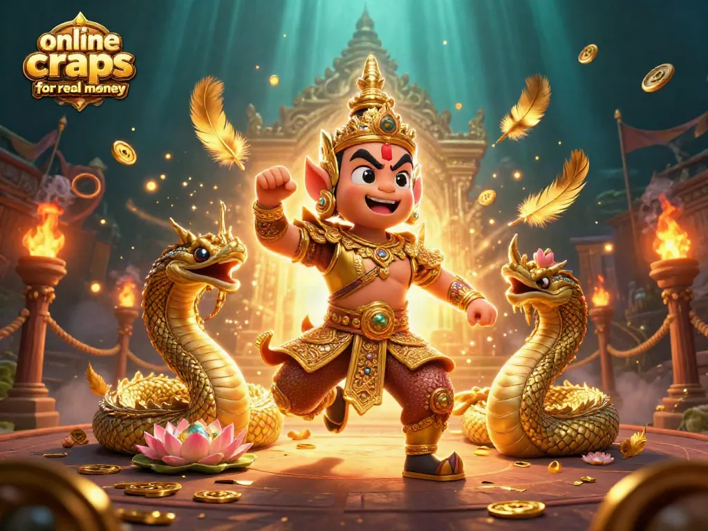Engaging 3D scene showcasing online craps games for real money with temple guardian, Naga serpents, and dynamic casino elements.